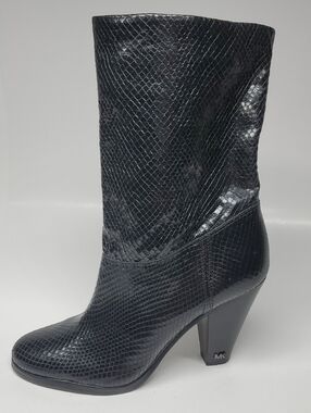 Michael Kors Snake Embossed Leather Mid Calf Boots Black Heeled Designer Boots